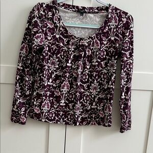 Talbots Plum and Cream Floral Long-Sleeve Scoop Neck Top